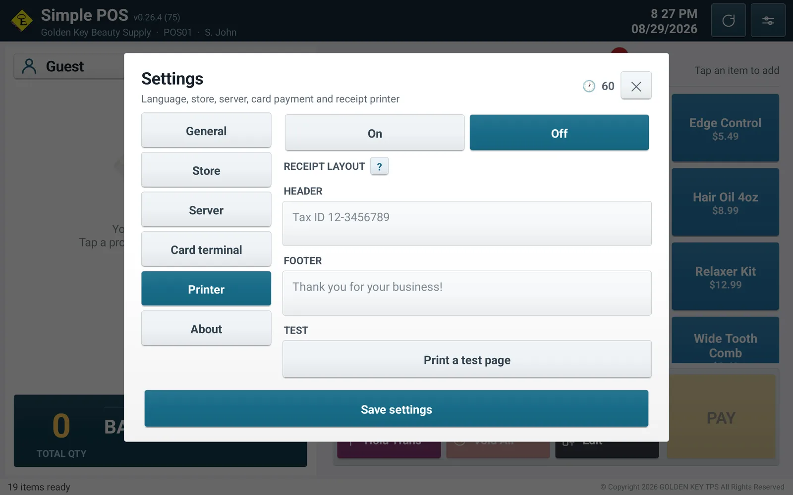 Receipt layout settings