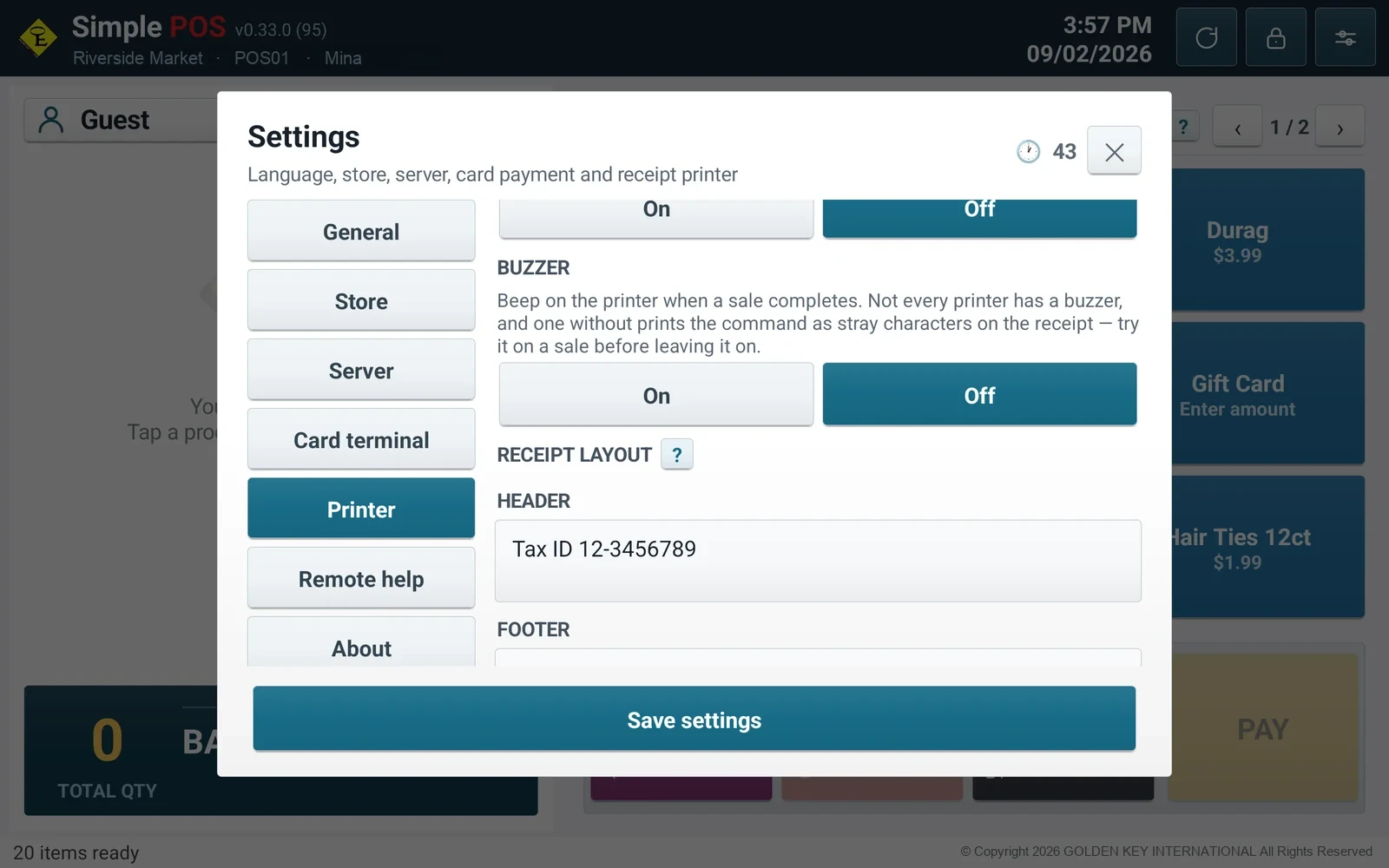 Receipt layout settings