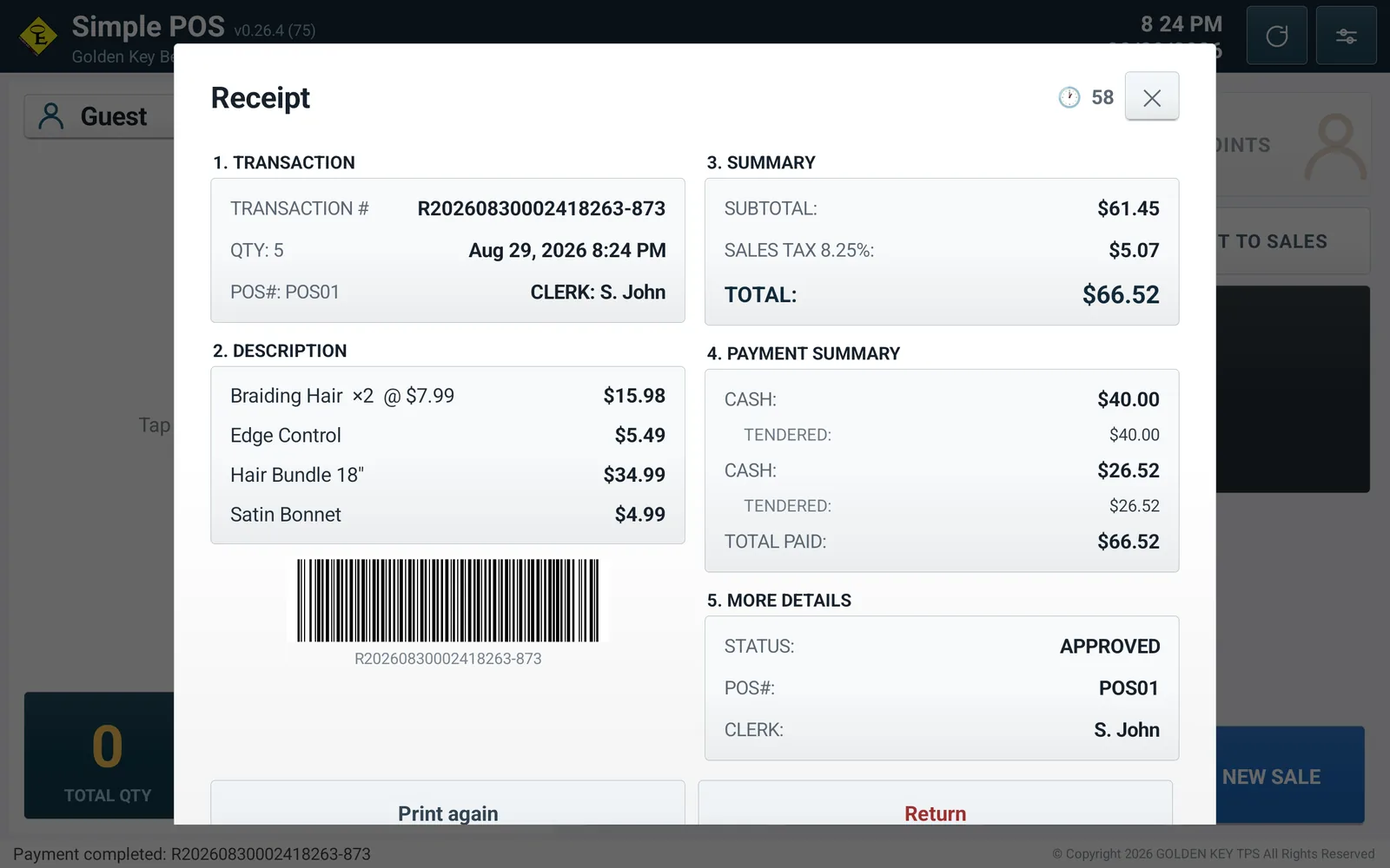 A receipt on screen