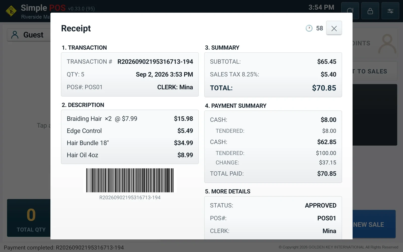 The receipt on screen