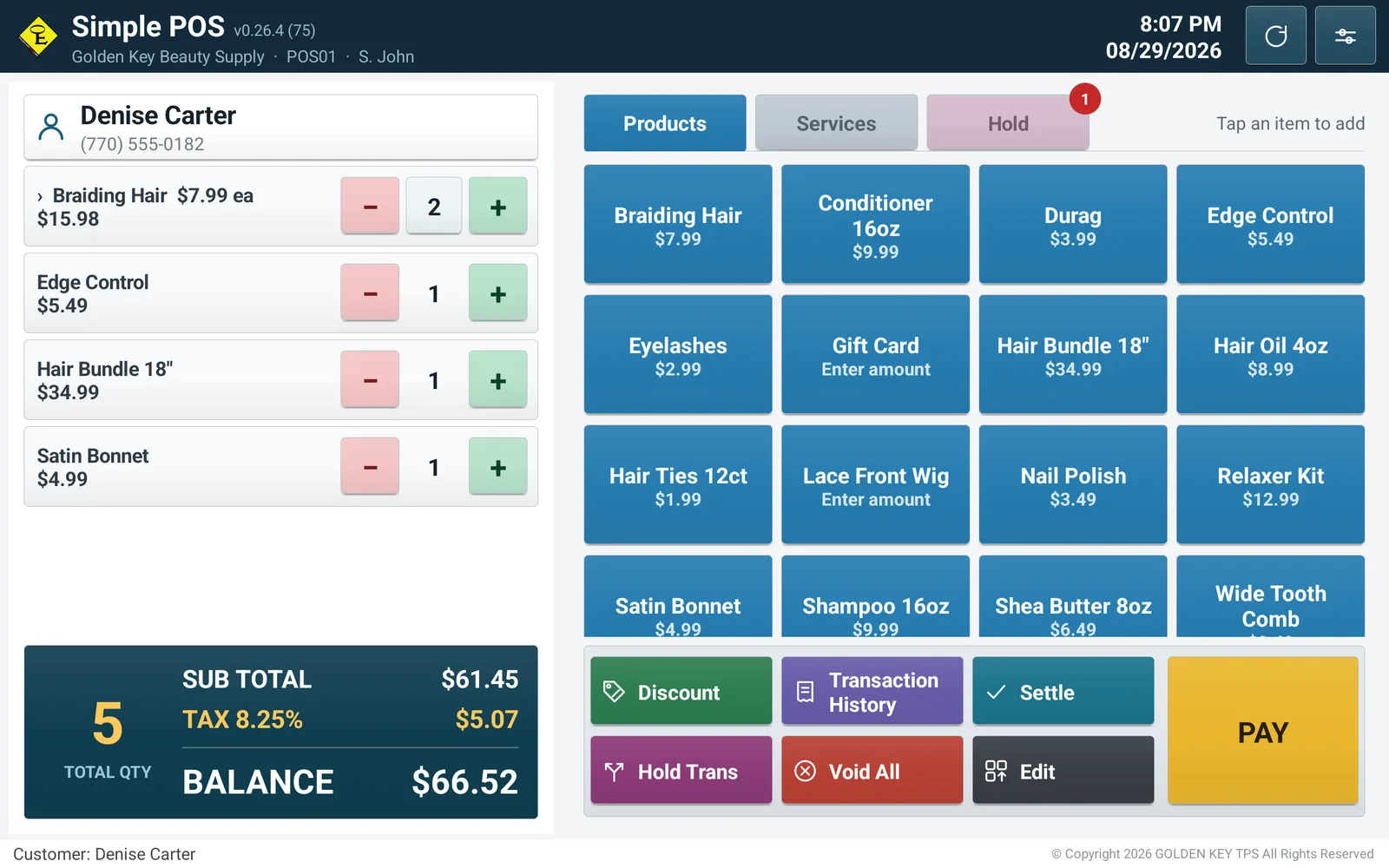 SimplePOS running on an Android tablet: the order on the left, the catalogue on the right